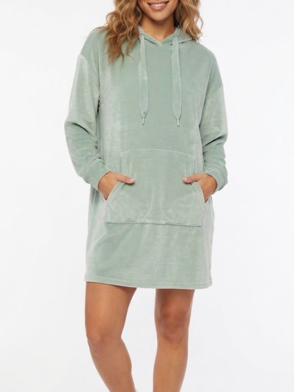 Cozy Plush Hoodie Dress in Sage Green